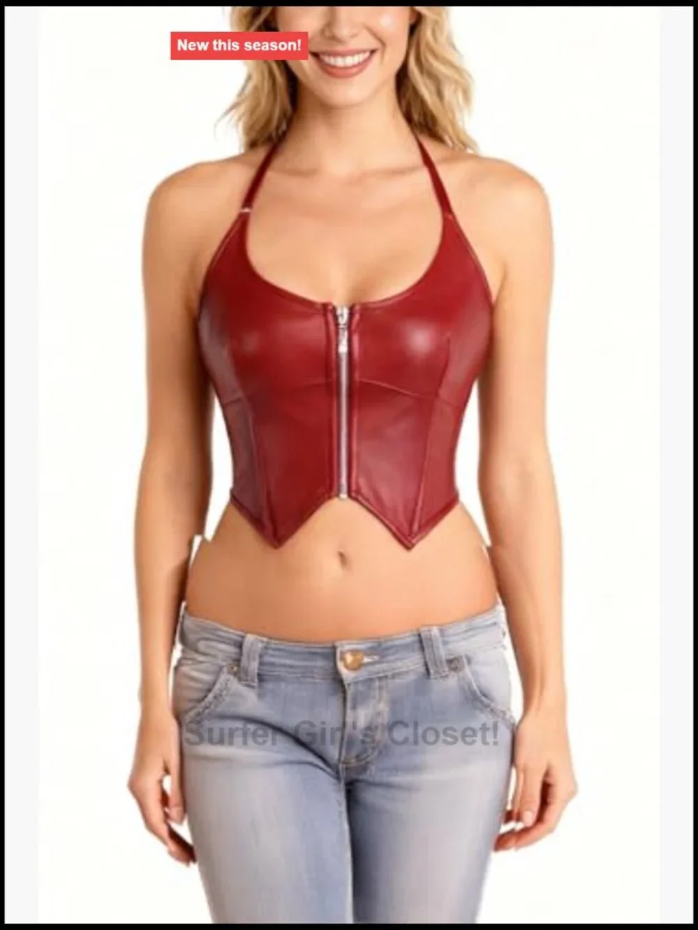Faux Leather Halter Neck Corset Crop Top Push Up Slimming Lace Up Back
